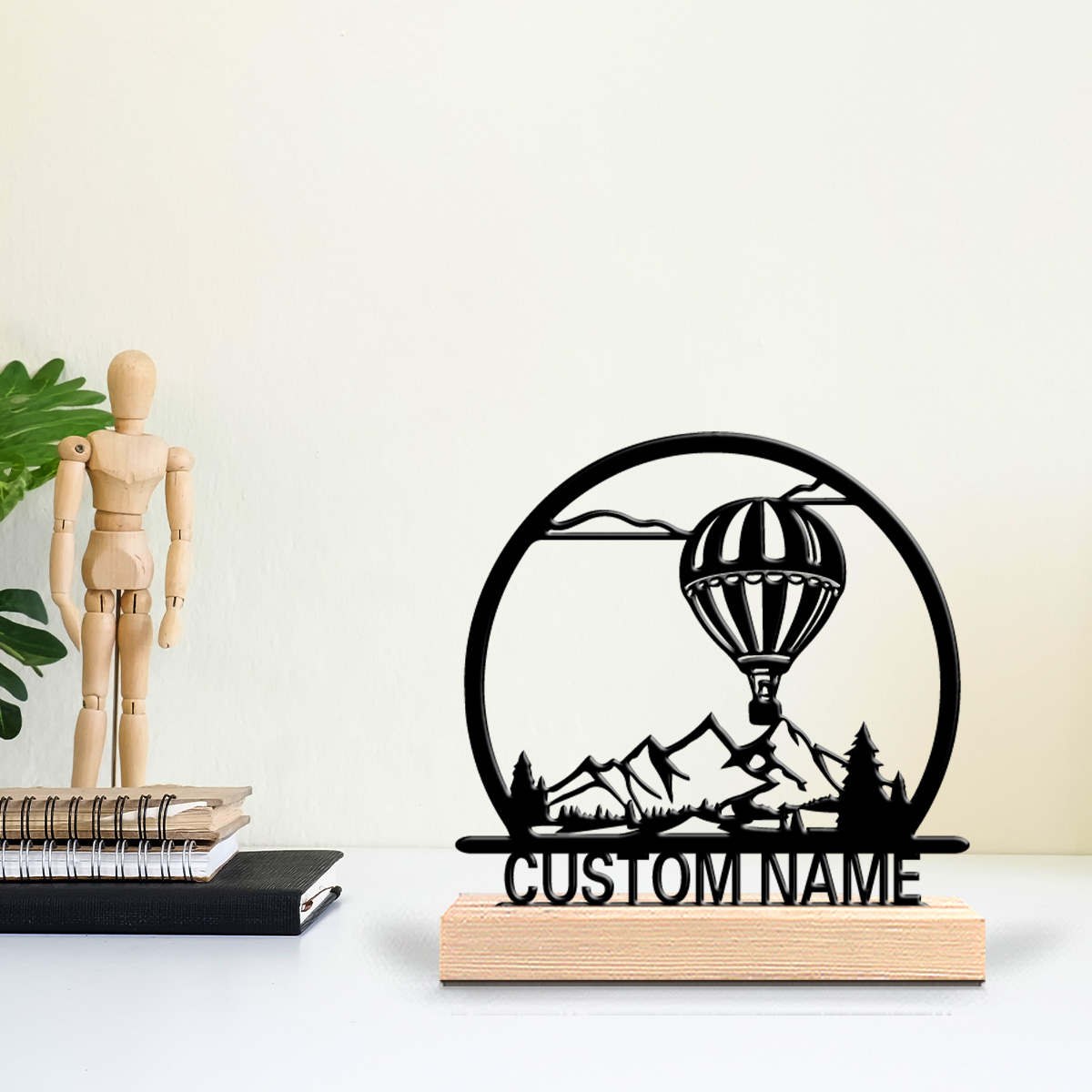 Art Craft Wood - 1個入り 熱気球 カスタムネーム入りブリキ像 金属製オーナメント アートクラフト 木製台座付き