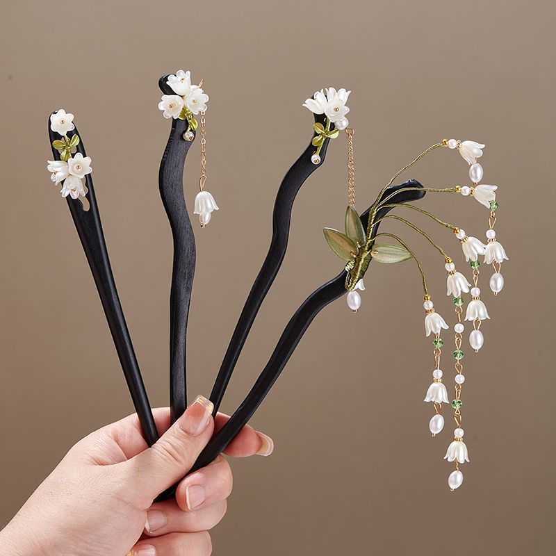 Art Craft Shop - 木製フラワーヘアピンヴィンテージ Convallaria Majalis ロングタッセルヘアスティック女性のためのエレガントな髪飾りピンジュエリーヘアアクセサリー