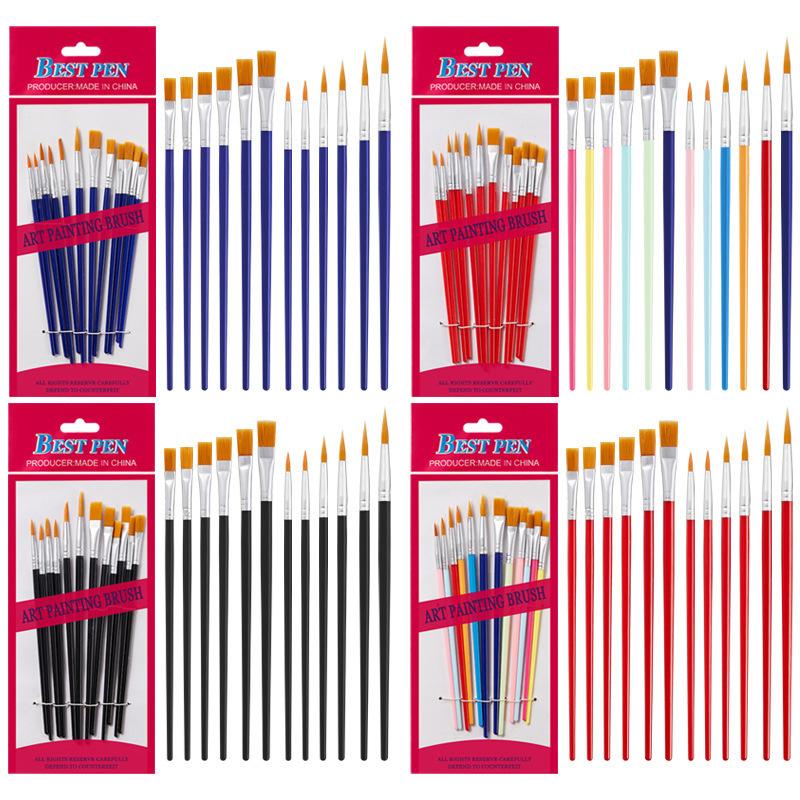 Watercolor Brush Pen - 【YU】12本入り絵筆セット アート用丸型平型ナイロン毛絵筆 オイル・アクリル・水彩画用 学校画材
